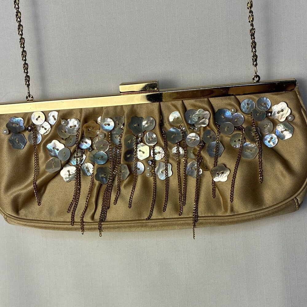 SASHA Gold Metallic Satin Beaded Clutch 44 in Chain Strap Lined Pockets vintage